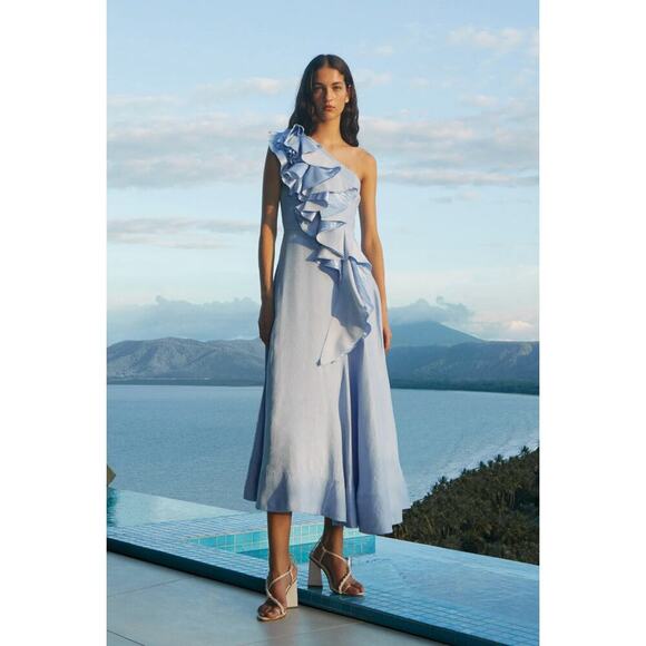 NEW Aje Adelia Ruffle Midi Dress AU 10 US 6 Light Sky Blue One Shoulder Midi - Picture 2 of 15